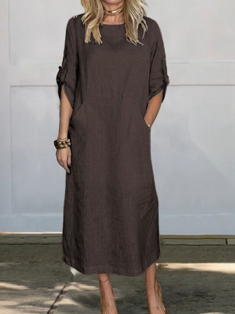 Comfortable plain linen dress with pockets for women