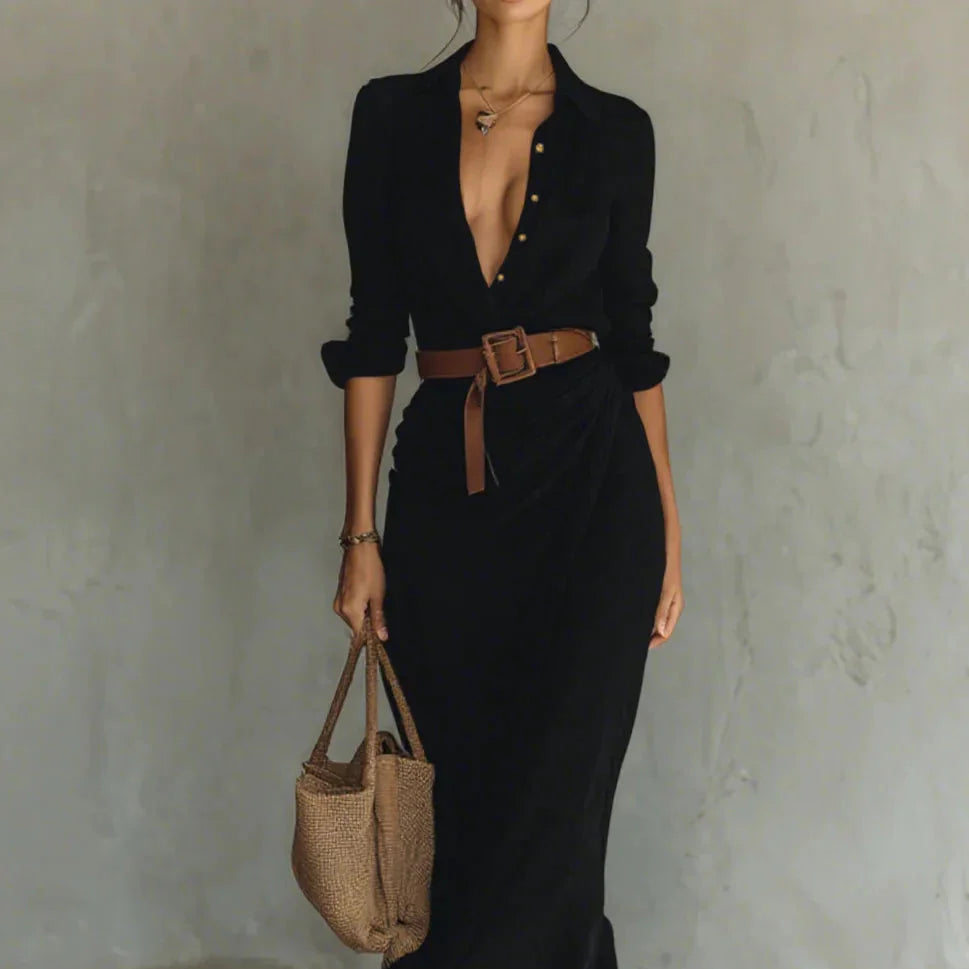 Damen-Maxikleid im Hemdstil mit Revers und Gürtel