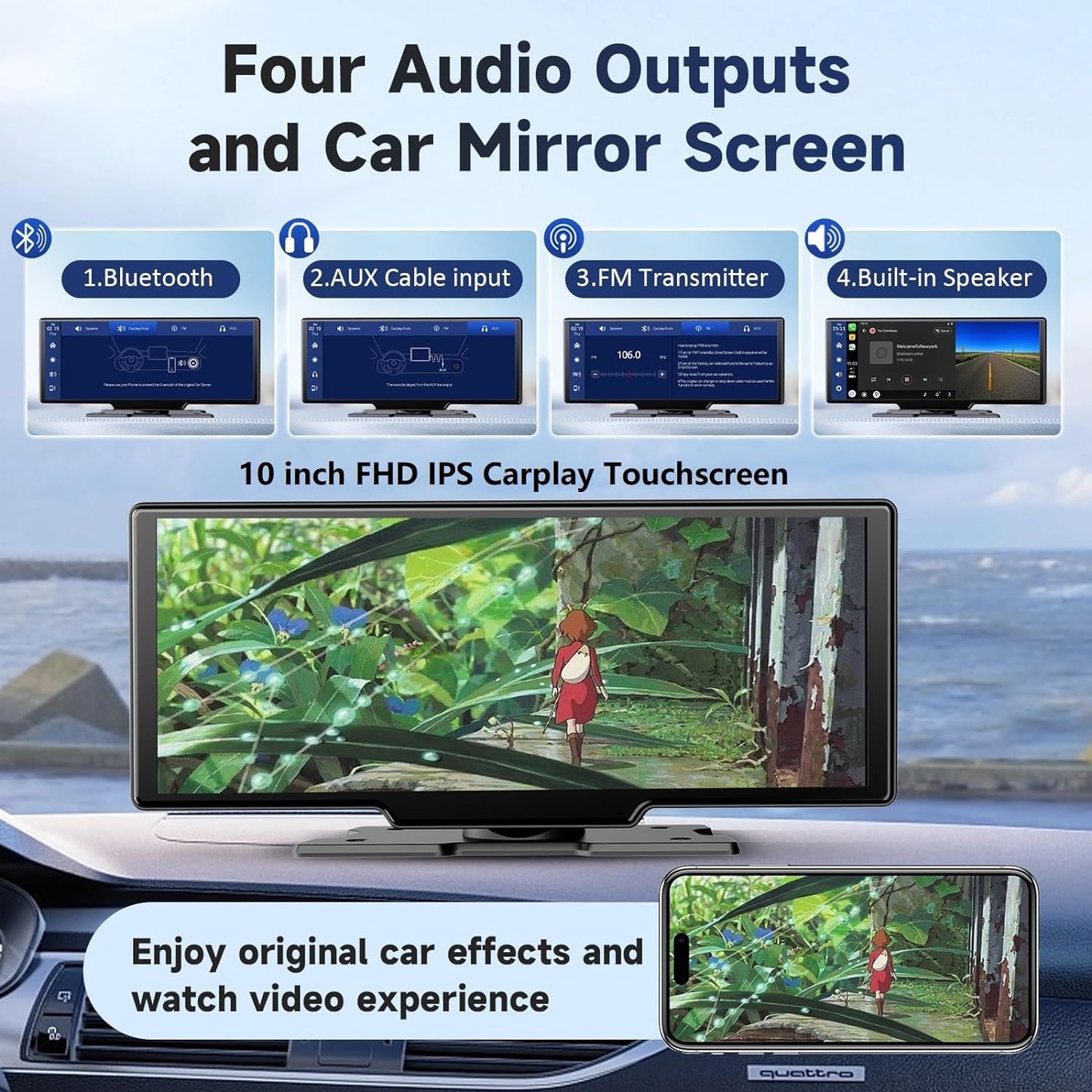DashSight® Duo by JV Auto – Dash Cam, Rear Cam, & Touch Screen Infotainment System | 4K UHD Front & 1080P FHD Rearview Camera | Wireless & Wired Apple CarPlay & Android Auto