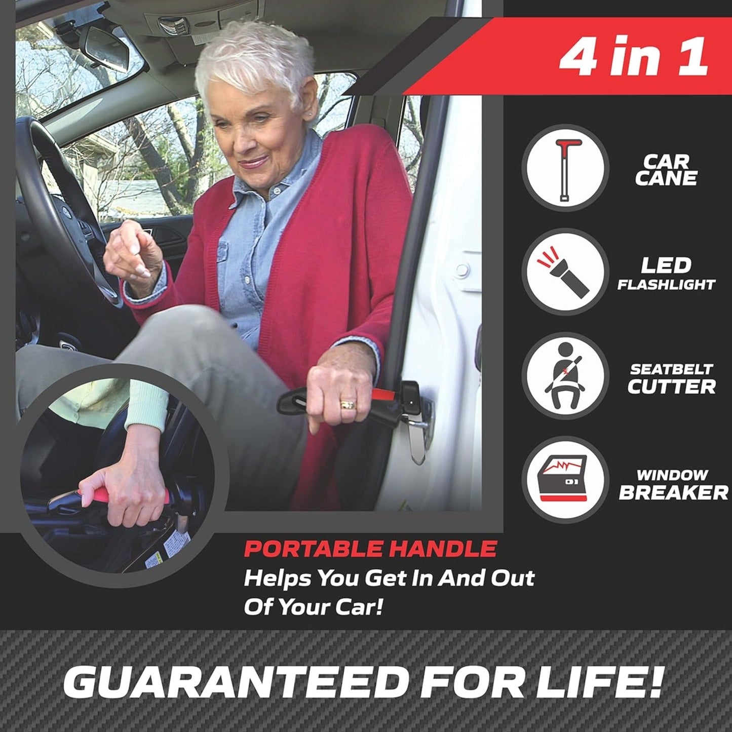 CarCane® - Made in the USA by JesseVance NY: Portable Safety Door Handle Bar with Flashlight, Seatbelt Cutter, & Window Breaker