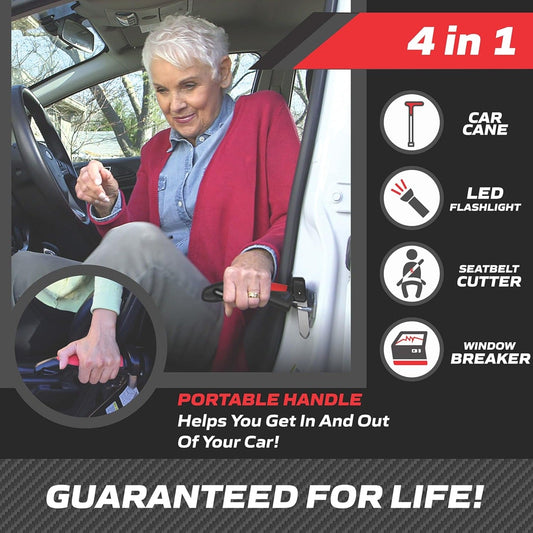 CarCane® - Made in the USA by JesseVance NY: Portable Safety Door Handle Bar with Flashlight, Seatbelt Cutter, & Window Breaker