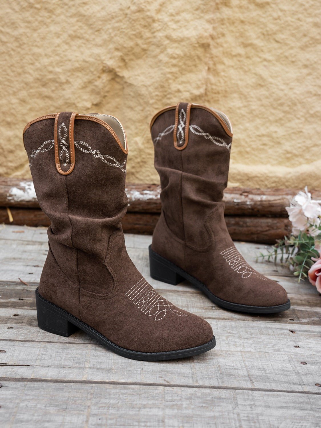 Wrenna | Faux Leather Western Cowboy Boots with Pointed Toe and Mid-Calf Rustic Design | Women’s Boots