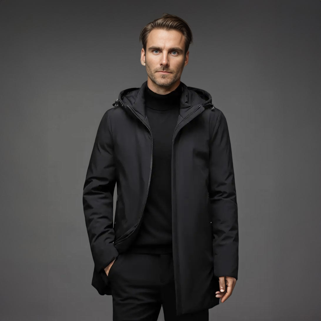 Homme portant un manteau noir élégant avec capuche, sur fond gris. Mode masculine, vêtement d'hiver, style moderne et sophistiqué.