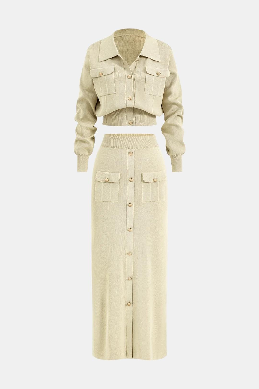 Briella – Cropped Knit Button-Up Top & Maxi Skirt Set
