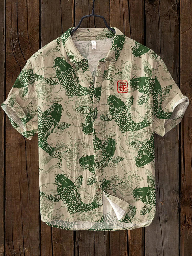 Vintage Vis Japanse Kunst Linnen Blend Shirt