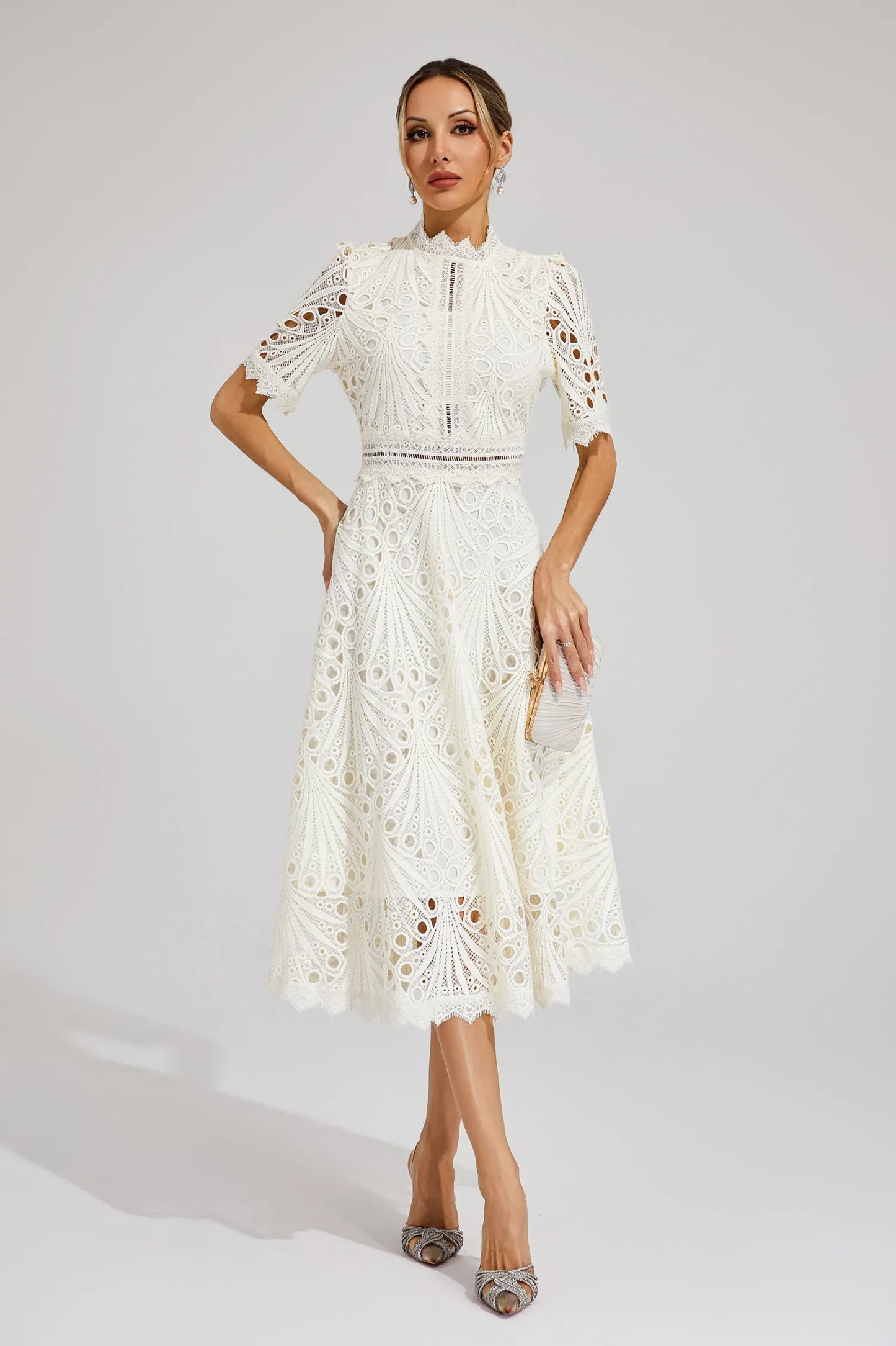 Lace Midi Dress with Scoop Neck and Lightweight Lining, Back Zipper