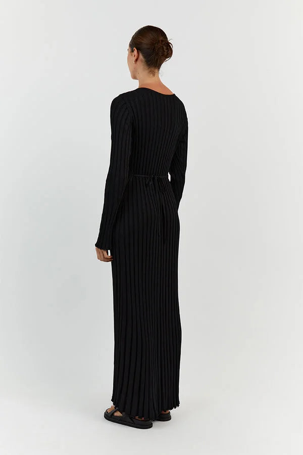 V - Neck Sleeved Knit Midi Dress
