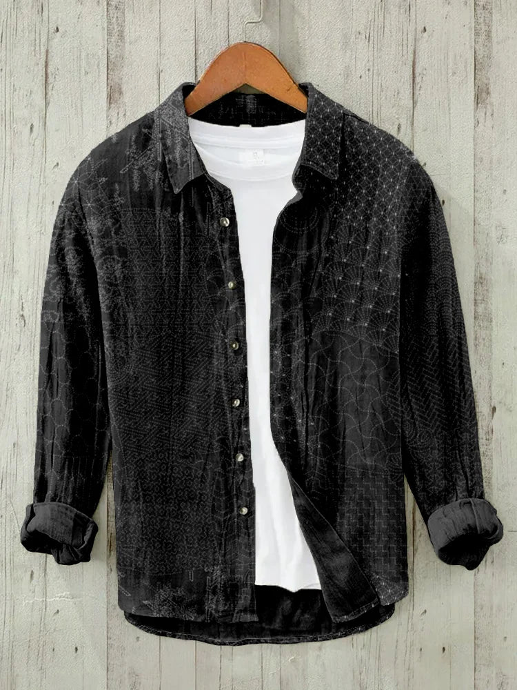 Men's Japanse Traditionele Sashiko Kunst Linnen Blend Hooded Blouse