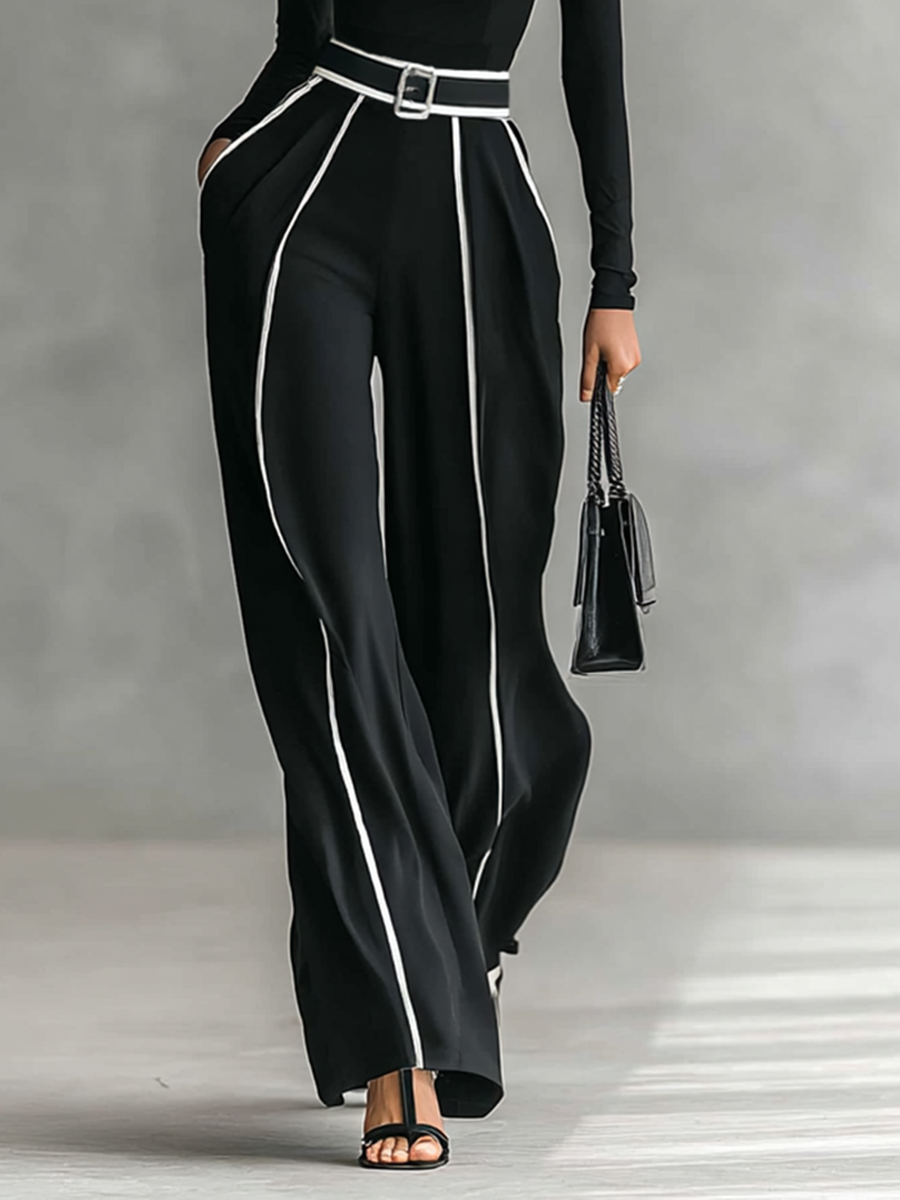 Set aus Damen-Rollkragenpullover und Hose mit weitem Bein