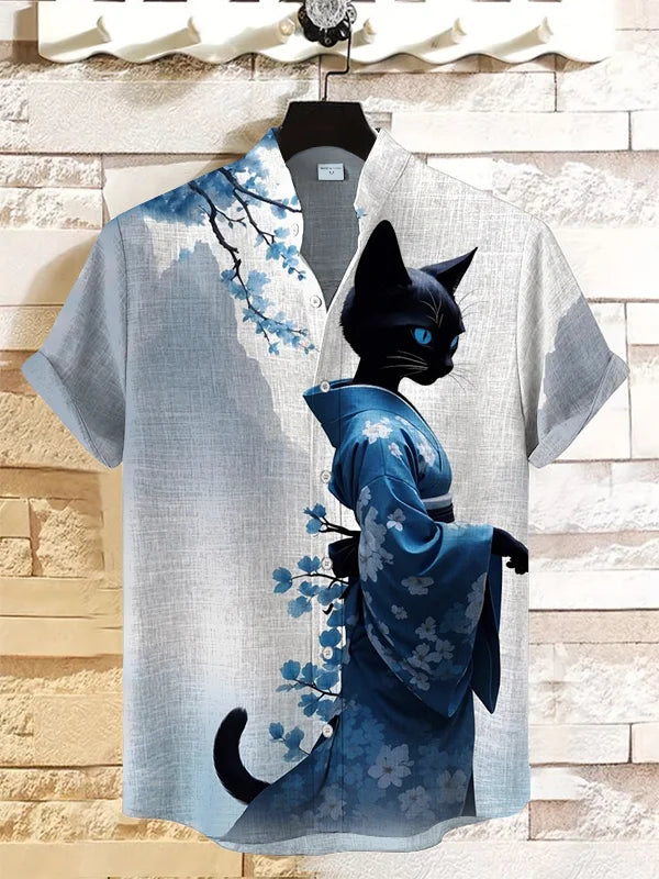 Zwarte Kat Japanse Art Linnen Blend Shirt