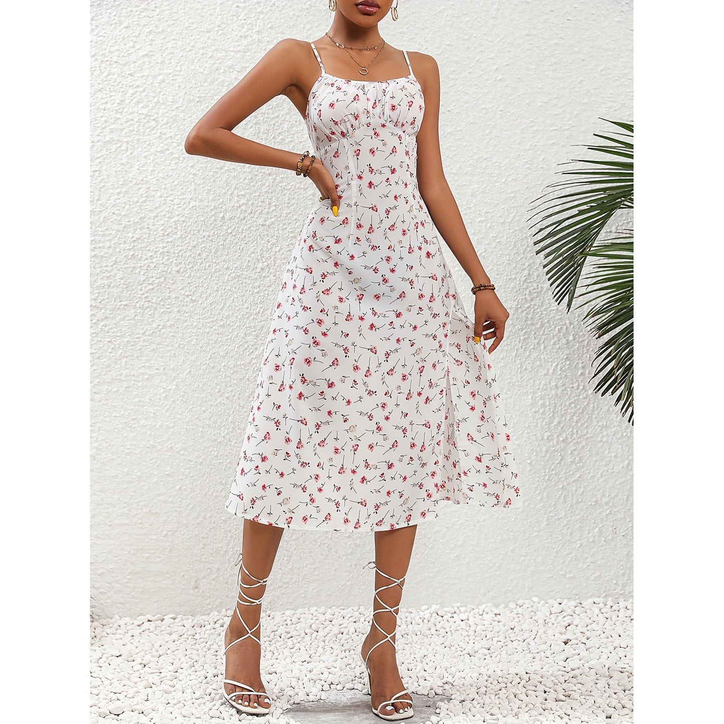 Robe Midi à Pois avec Fente Femme – Robe d’Été Élégante Sans Manches