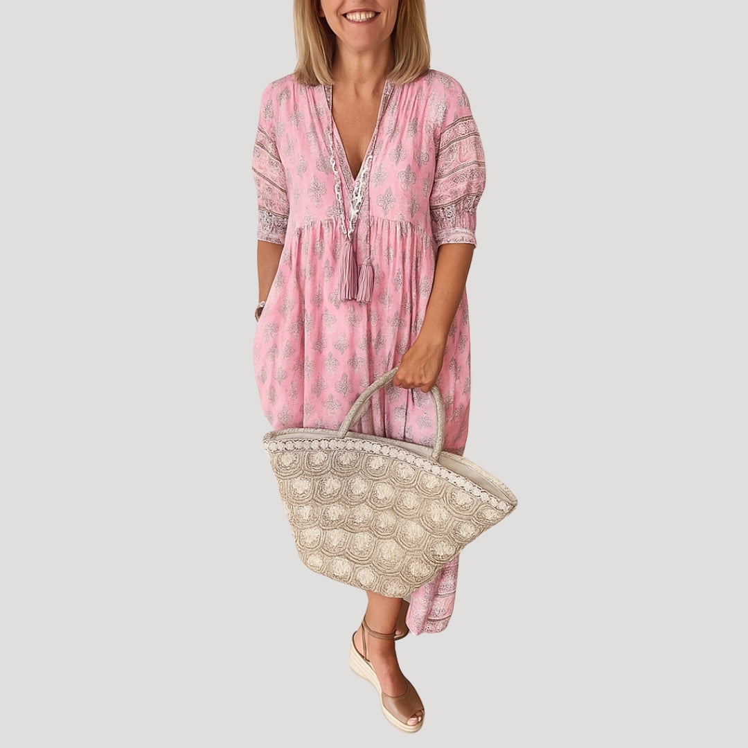 Elle | Women Beach Midi Dress V-Neck Tassel Tie 3/4 Sleeves All-Over Print