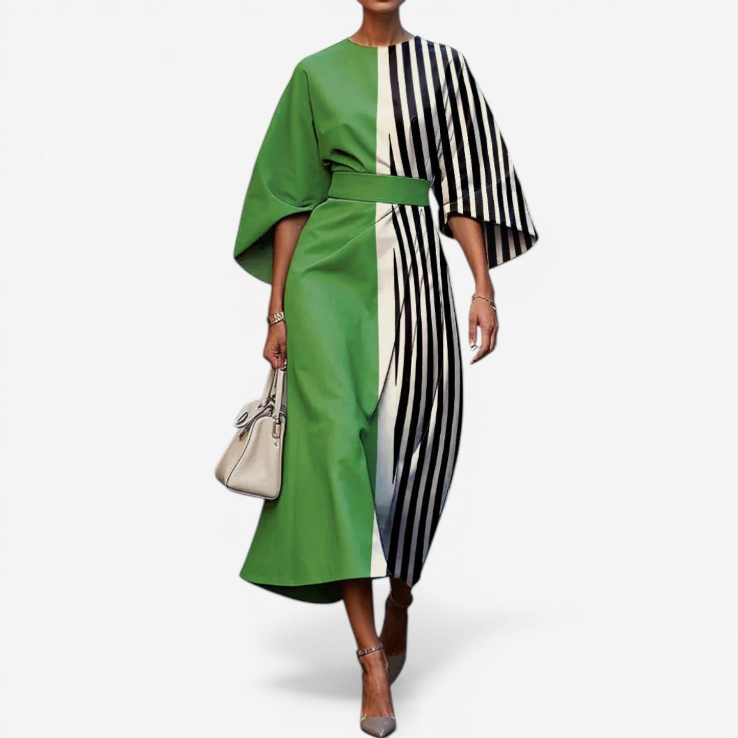 Abito Midi Donna | Patchwork Multicolore con Maniche Kimono & Stampa Artistica
