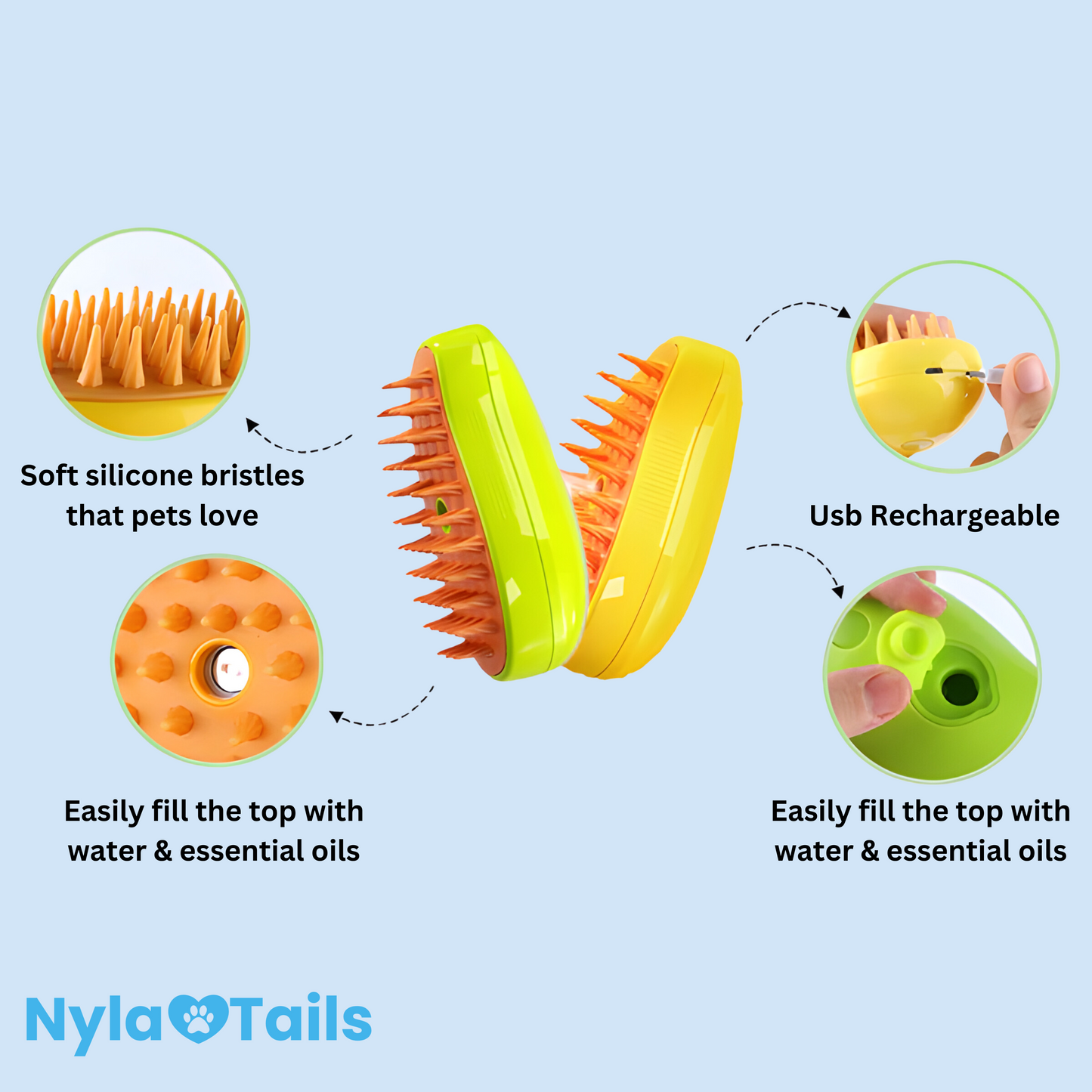 NylaTails Pet Hair Steam Brush