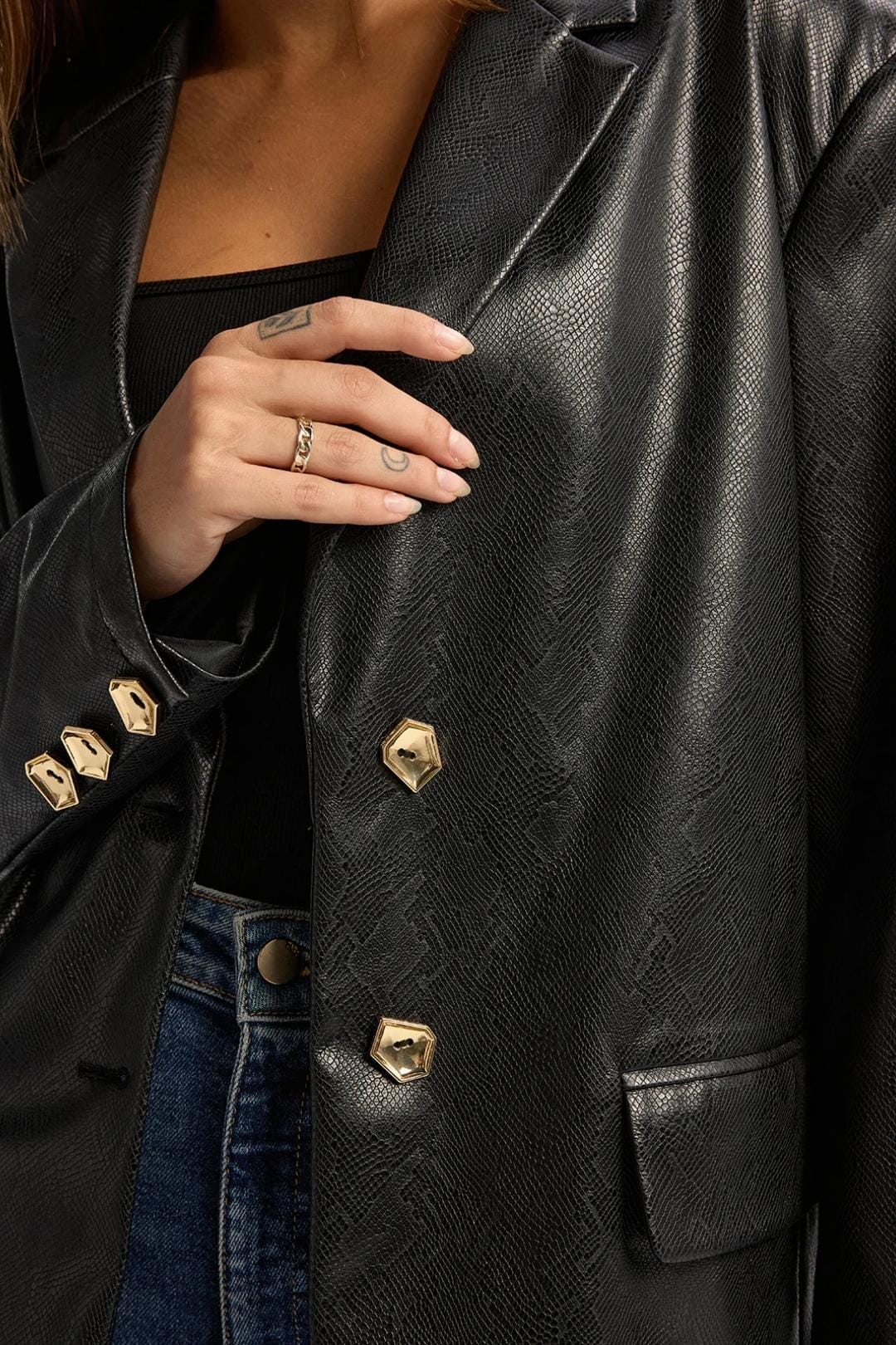 Alexia – Snake Print Metal Button Leather Blazer in Black