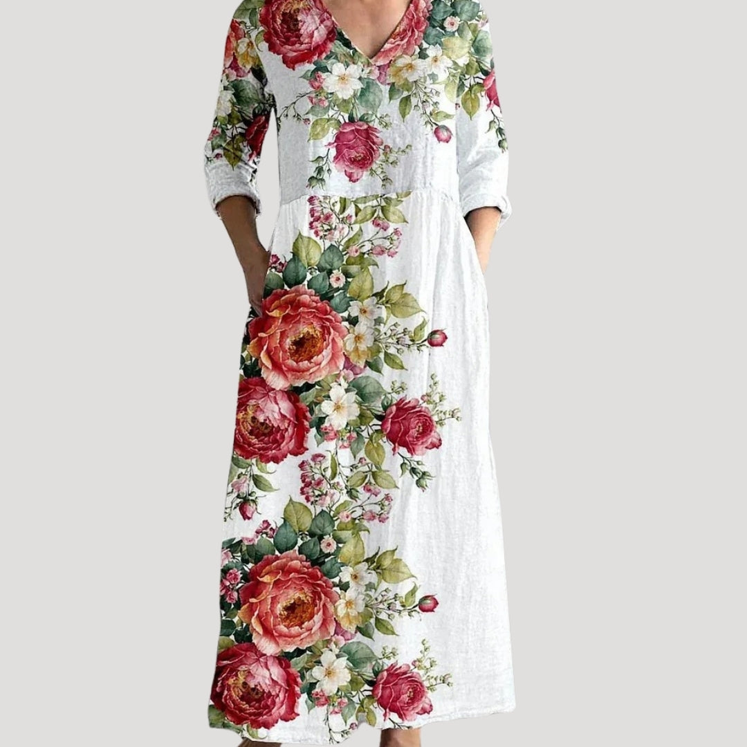 Alison | Women Floral Maxi Dress V-Neck 3/4 Sleeves Gathered Waist Pockets