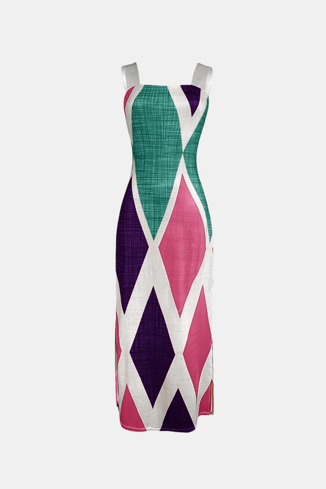 Andromeda - Square Neck Geometric Print Slit Summer Long Dress