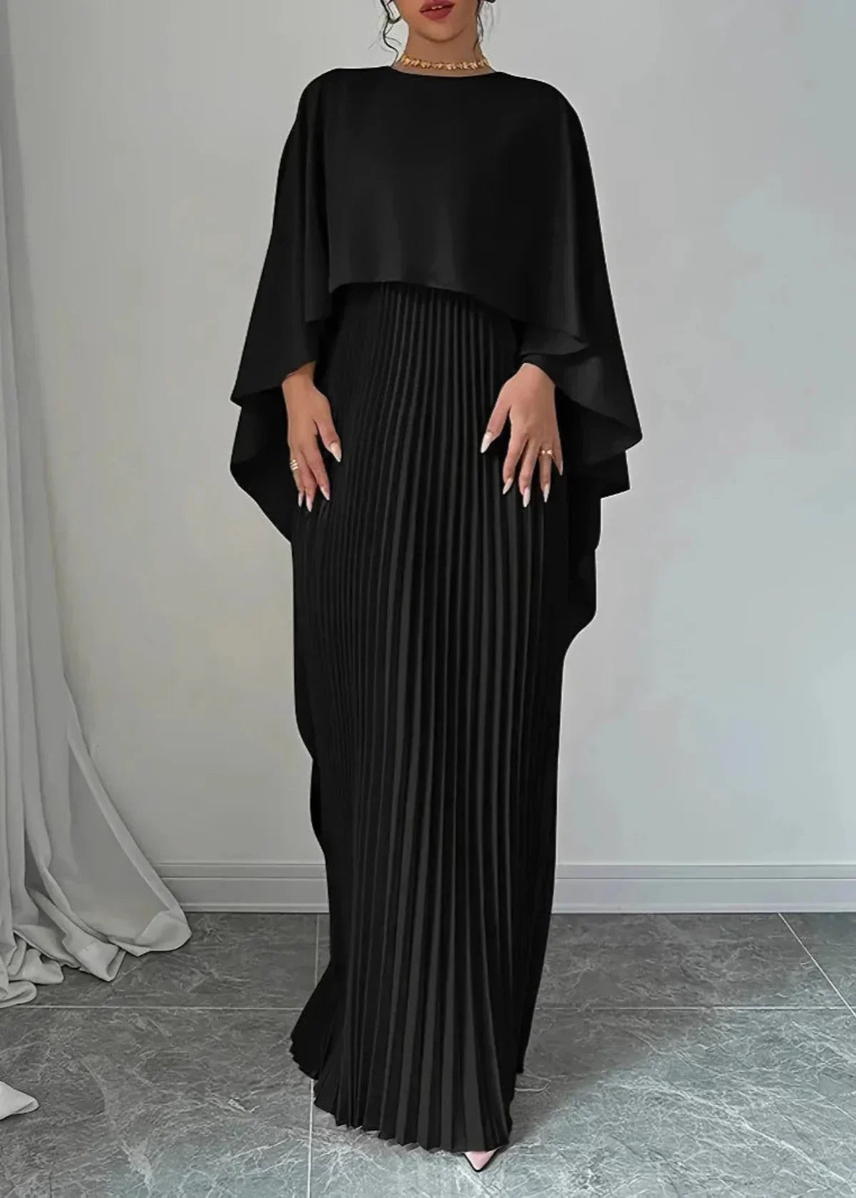 Women’s Pleated Maxi Dress Cape Overlay Elegant Flowing Silhouette