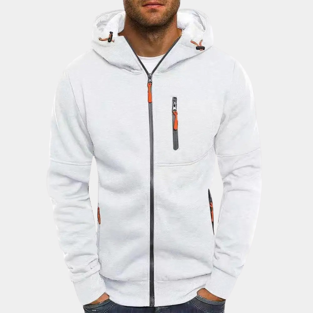 Homme portant un sweat à capuche blanc avec fermetures éclair noires et détails orange, mode décontractée, vêtement tendance pour homme.