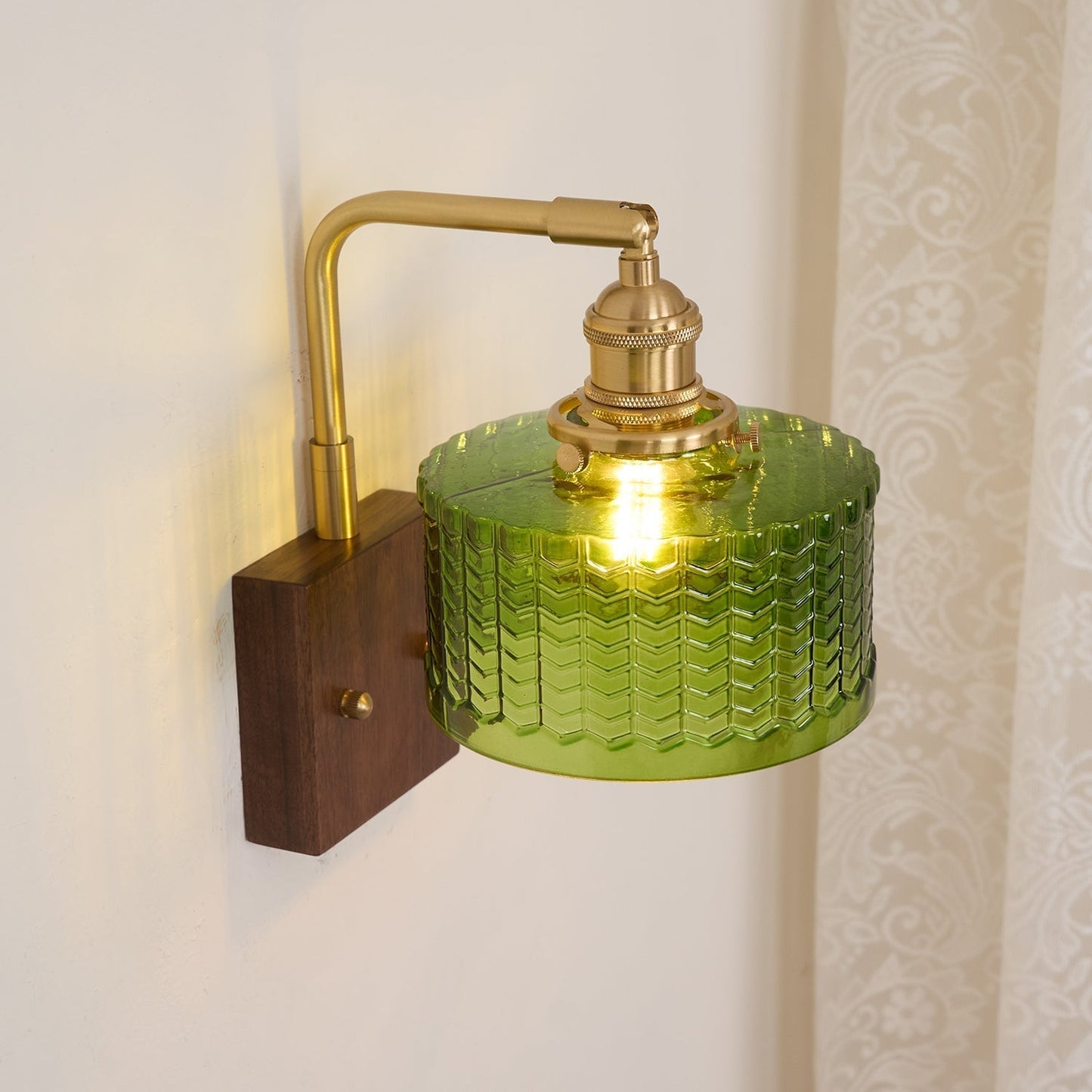 Camela Wall Lamp | Rustic Green Glass & Wood Sconce | Fish Scale Art Glass Lighting | E26/E27 LED or Incandescent | Living Room Bedroom Hallway