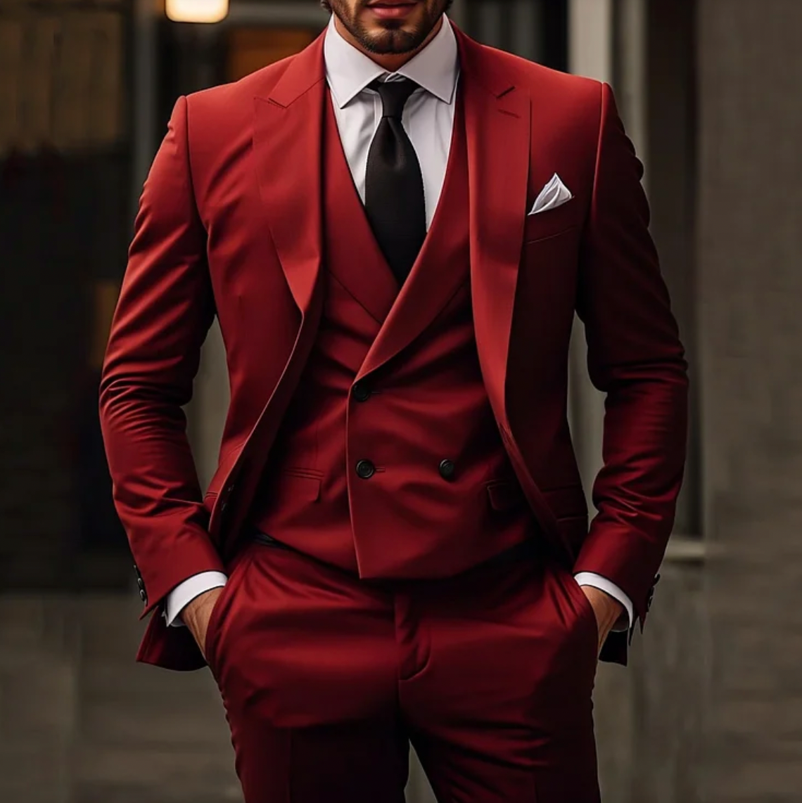 Costume trois pièces bordeaux élégant pour homme, cravate noire, pochette blanche, style formel moderne, mode masculine chic et sophistiquée.