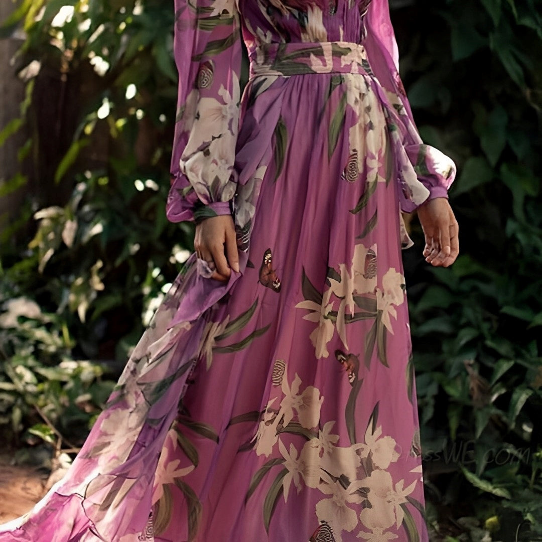 Pitkä sifonki-maksimekko - kukkakuosi - V-pääntie