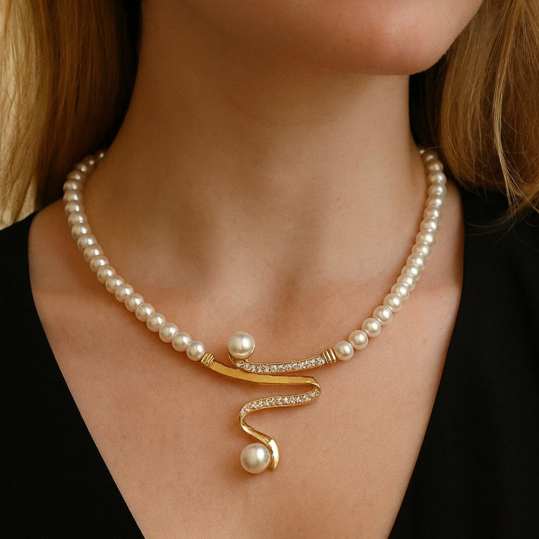 Pearl Necklace and Earring Set with Gold-Tone Curved Centerpiece
