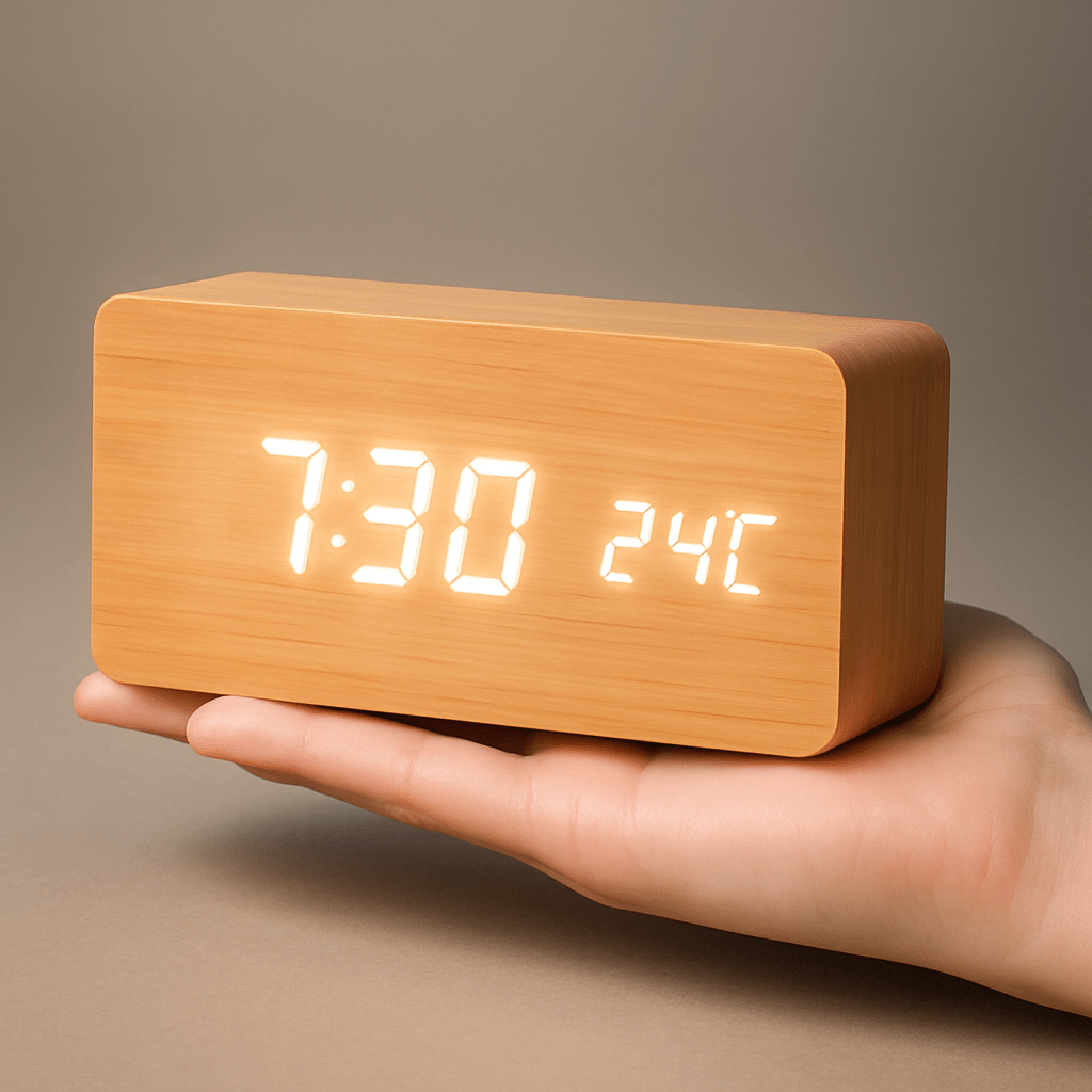 Træ Digital Vækkeur med Justerbar LED Skærm – Stilfuldt Design