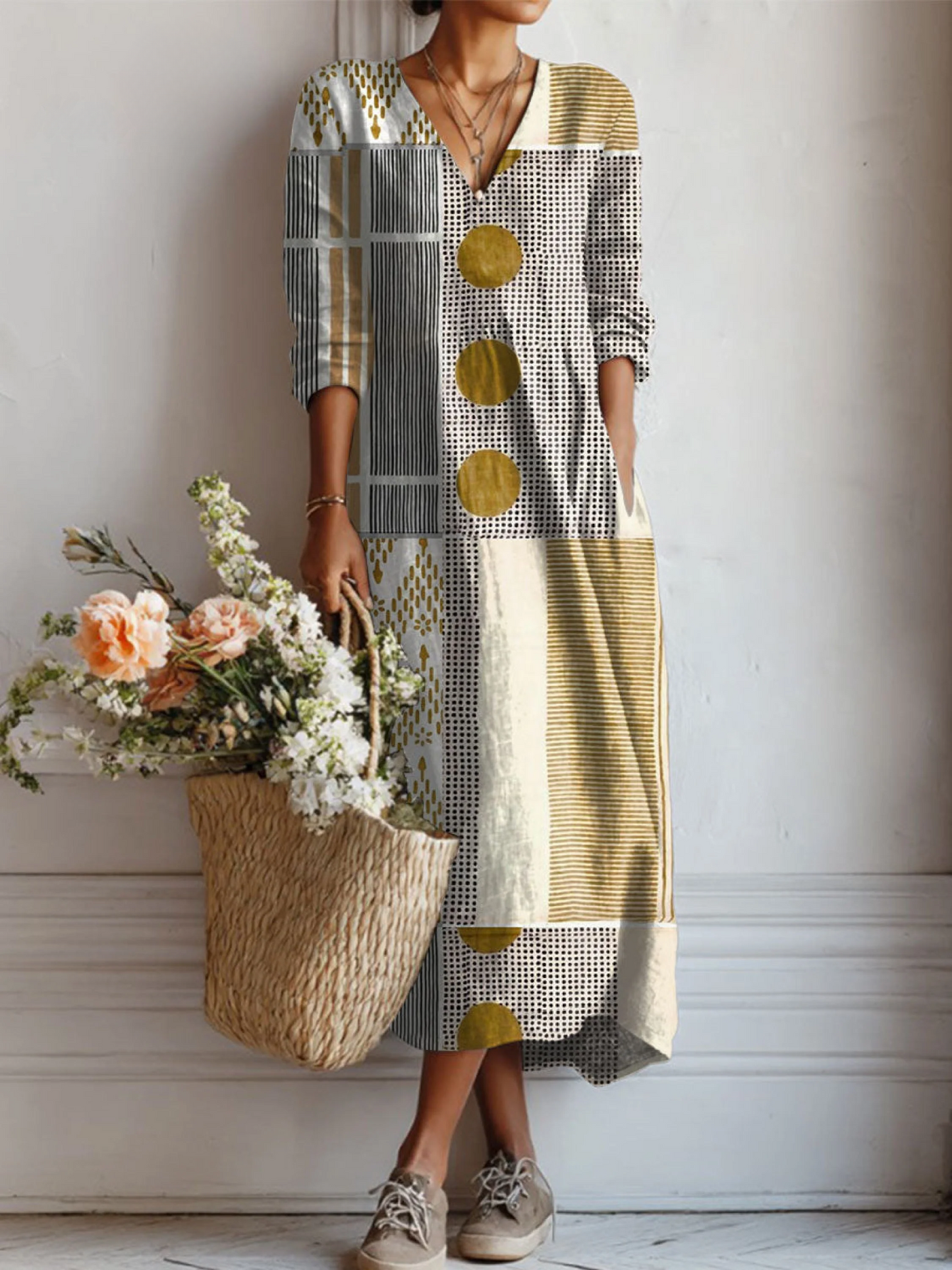 Women's Vintage Abstract Geometry Art Print Pocket Tunic Dress