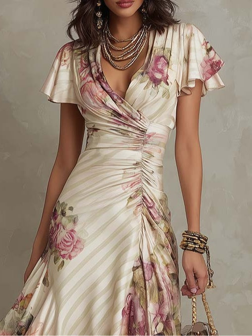 Daxirae™ - Robe Femme Midi Drapée Florale Élégante Pour Sorties Chic