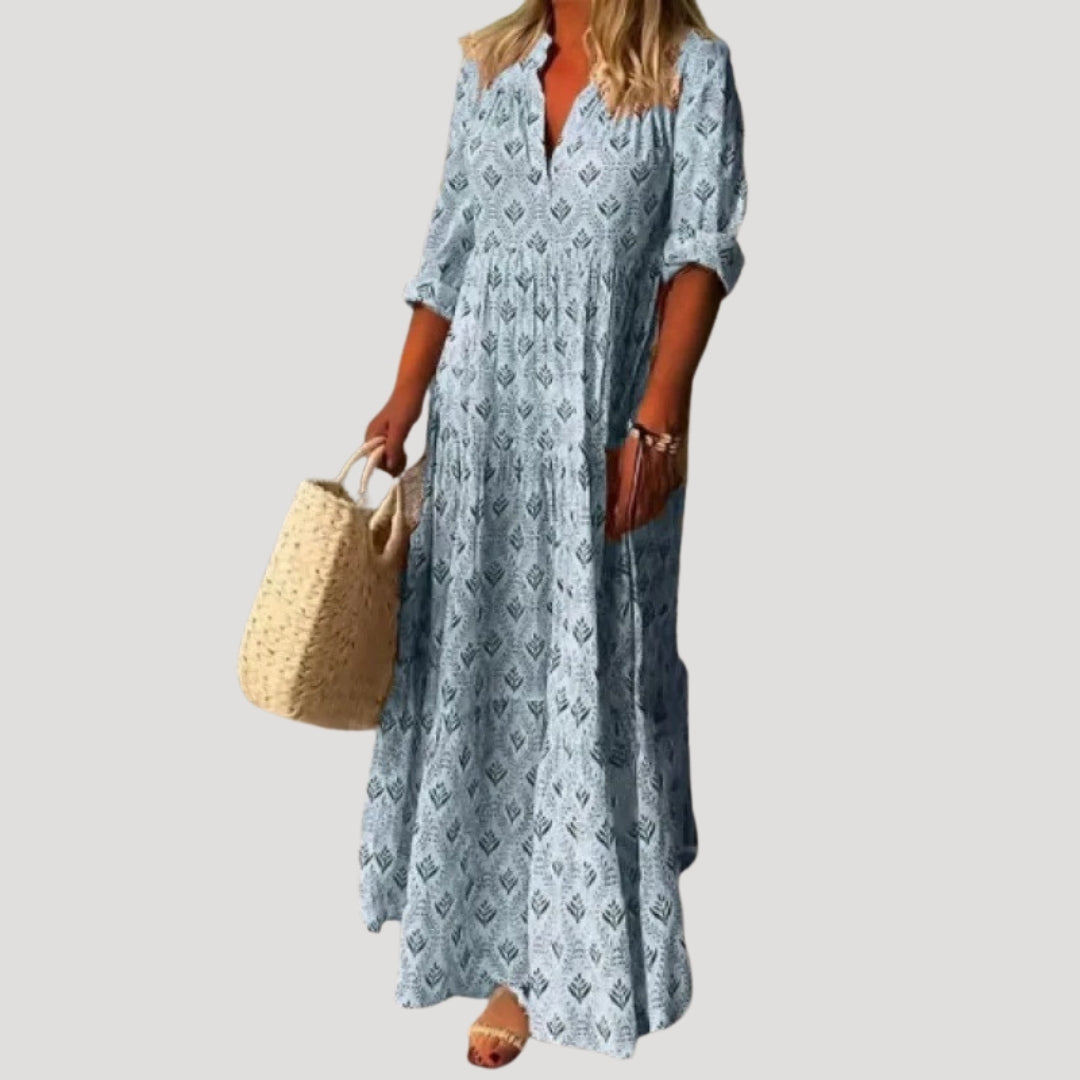 Elise | Women Beach Maxi Dress V-Neck 3/4 Sleeves All-Over Print Tiered Skirt