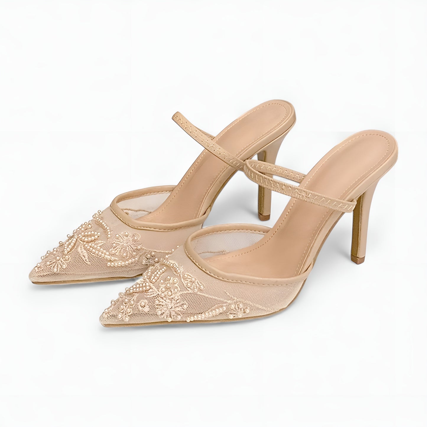 Embroidered Mesh Slingback Heels with Pointed Toe