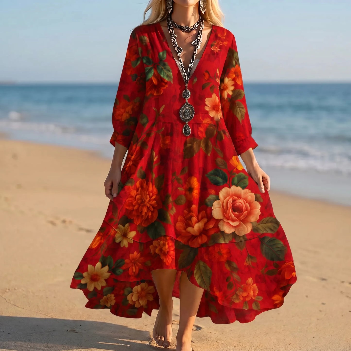Fione - Floral Summer Dress with V-Neck and Tiered Hem