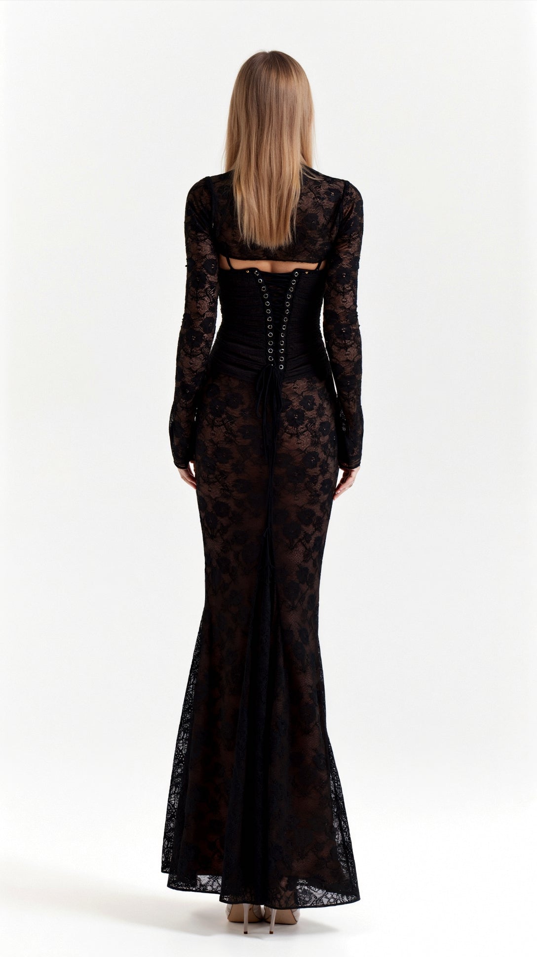 Damen Spitzen Langarmkleid | Maxi