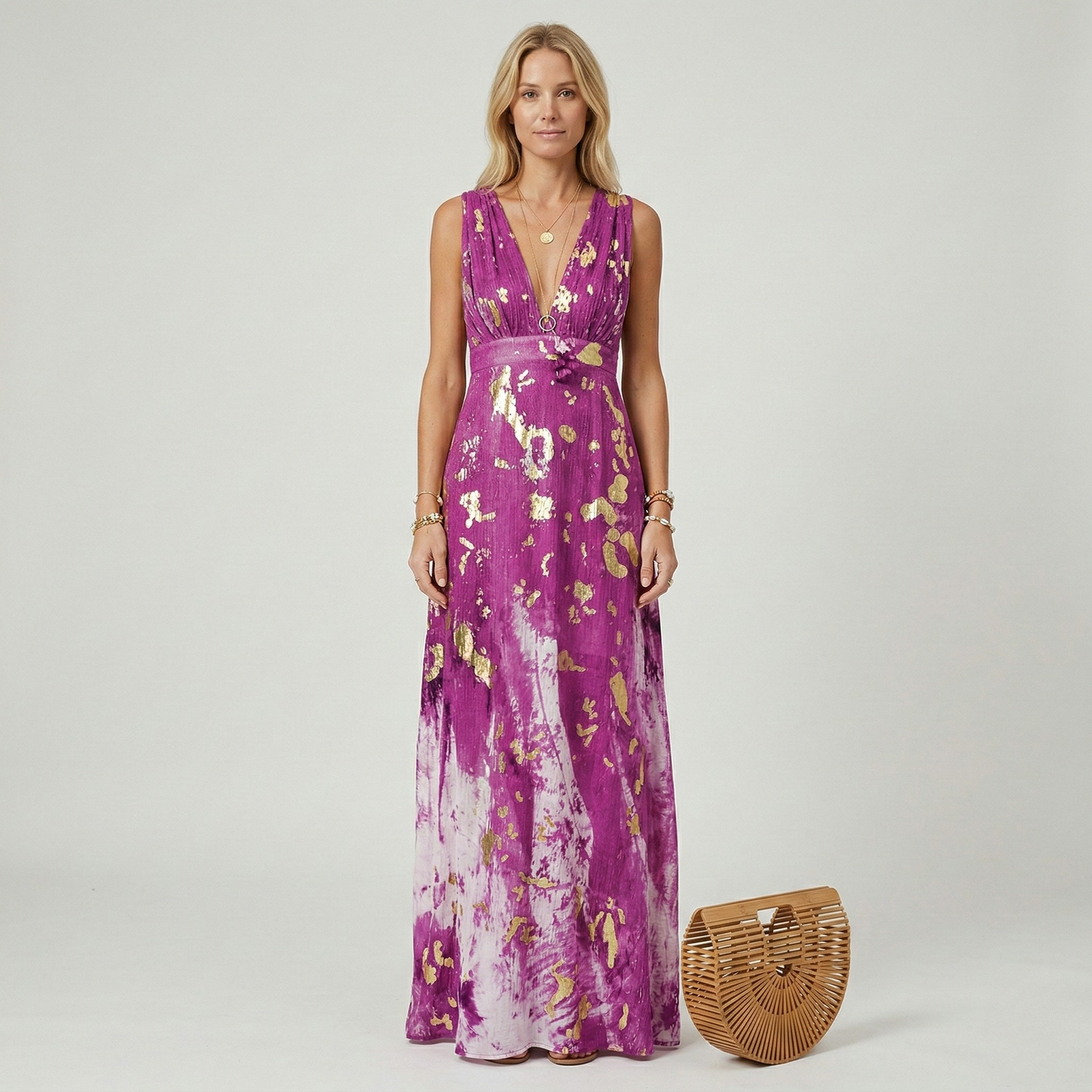 Abito Lungo Donna Scollo a V Senza Maniche Vestito Elegante da Cerimonia