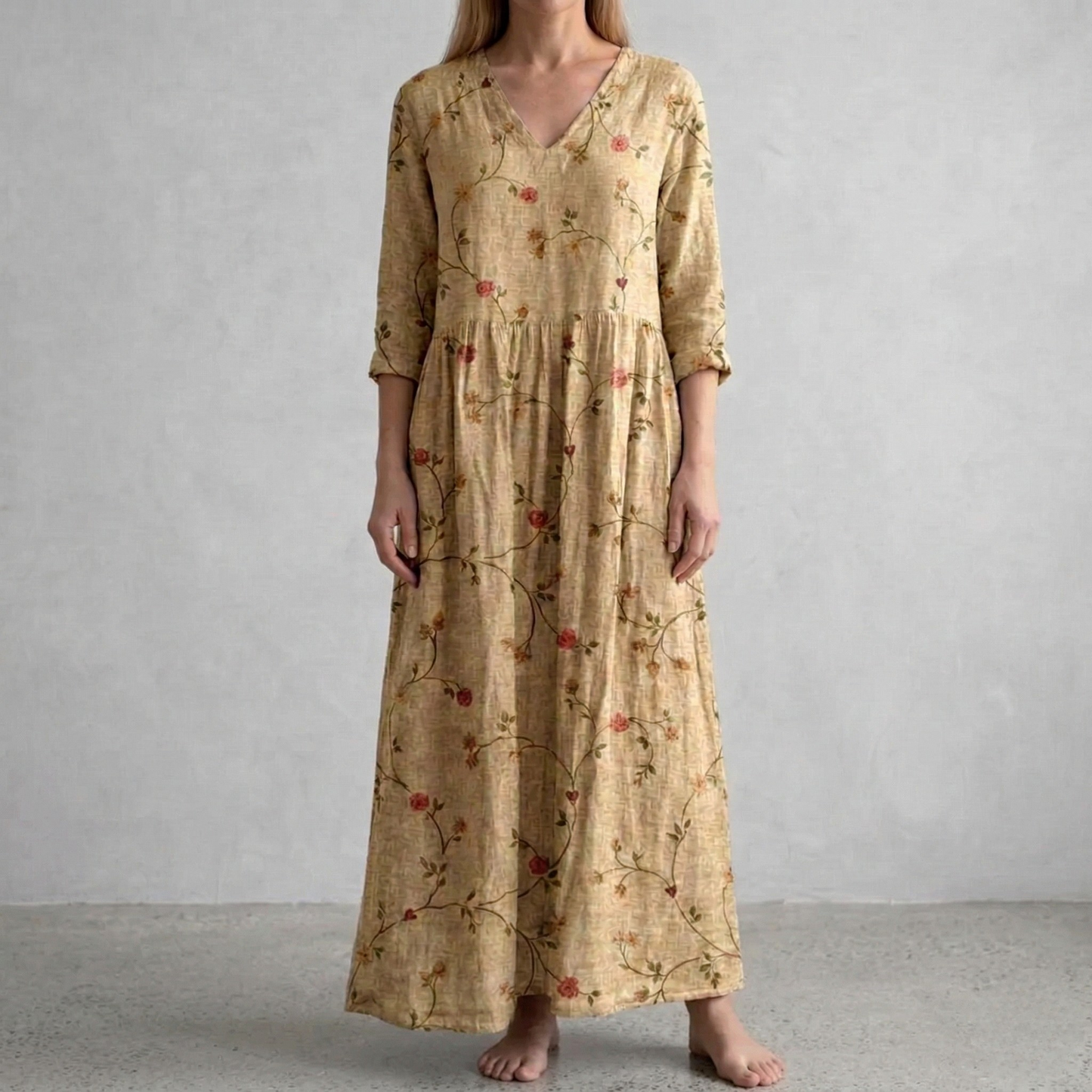 Vestito lungo donna floreale in cotone con scollo a V manica lunga stile casual boho