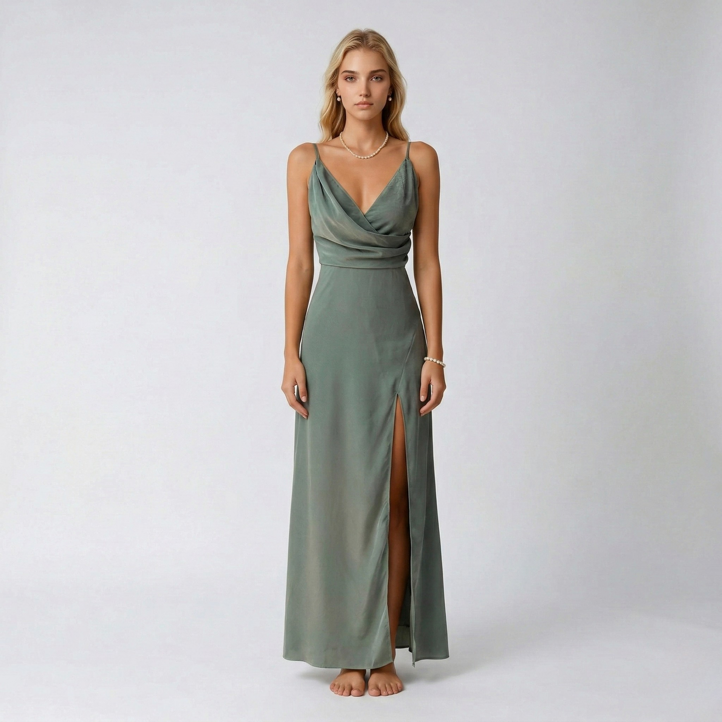 Abito lungo elegante donna con spacco e scollo a V da sera elegante