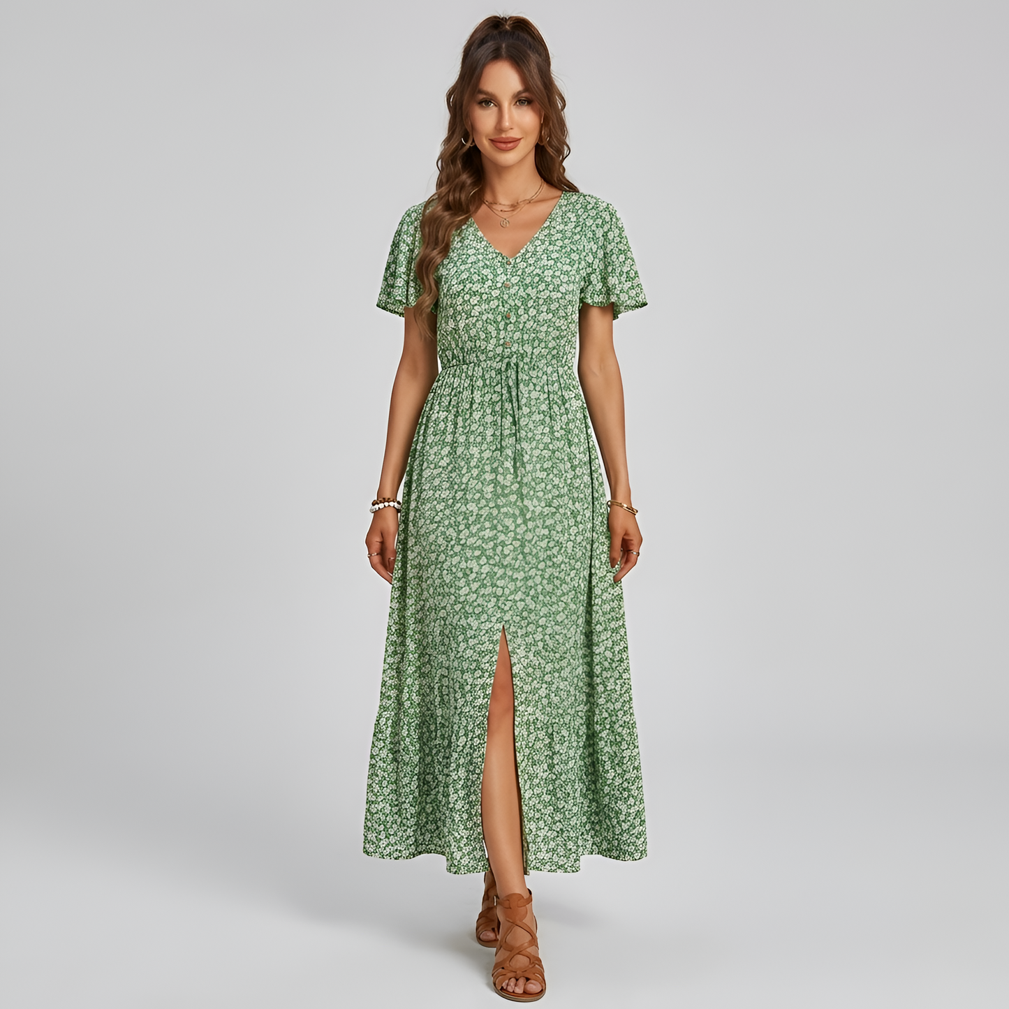 Vestito lungo donna floreale con scollo a V maniche corte e bottoni frontali