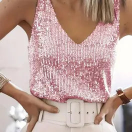 Canotta da donna con scollo a V e paillettes – Elegante top senza maniche