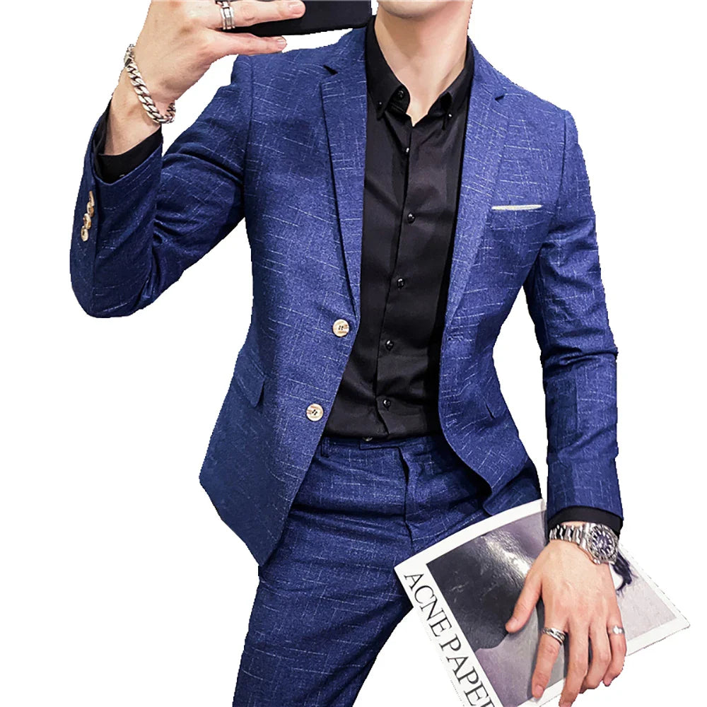 ( Blazer + Pants ) Men's Fashion Boutique Dark Plaid Casual Business Suit Formal Groom Wedding Dress Tuxedo Blue Black