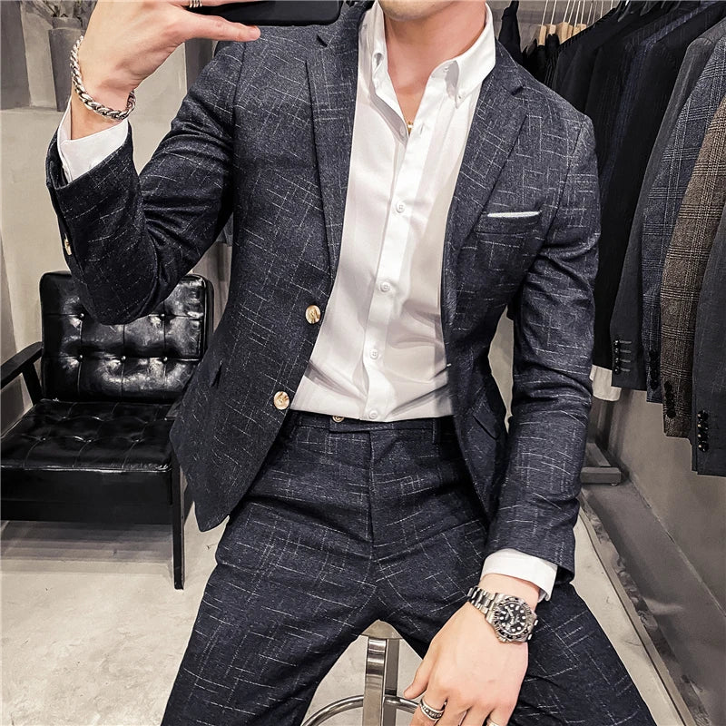 ( Blazer + Pants ) Men's Fashion Boutique Dark Plaid Casual Business Suit Formal Groom Wedding Dress Tuxedo Blue Black