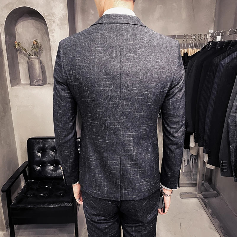 ( Blazer + Pants ) Men's Fashion Boutique Dark Plaid Casual Business Suit Formal Groom Wedding Dress Tuxedo Blue Black