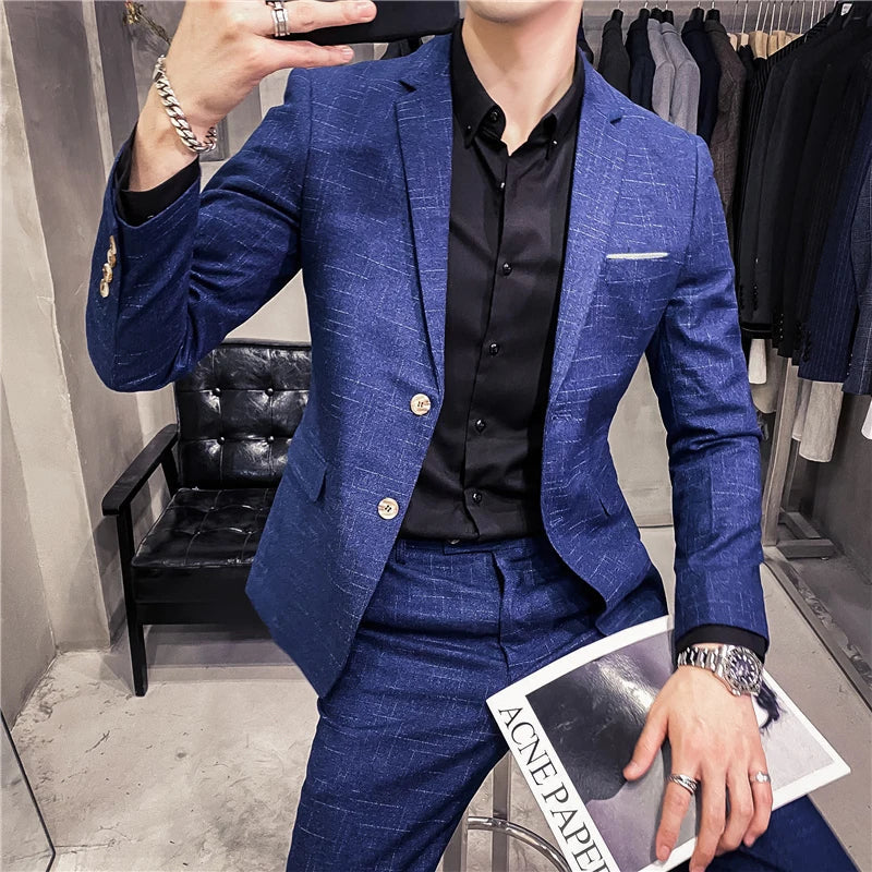 ( Blazer + Pants ) Men's Fashion Boutique Dark Plaid Casual Business Suit Formal Groom Wedding Dress Tuxedo Blue Black