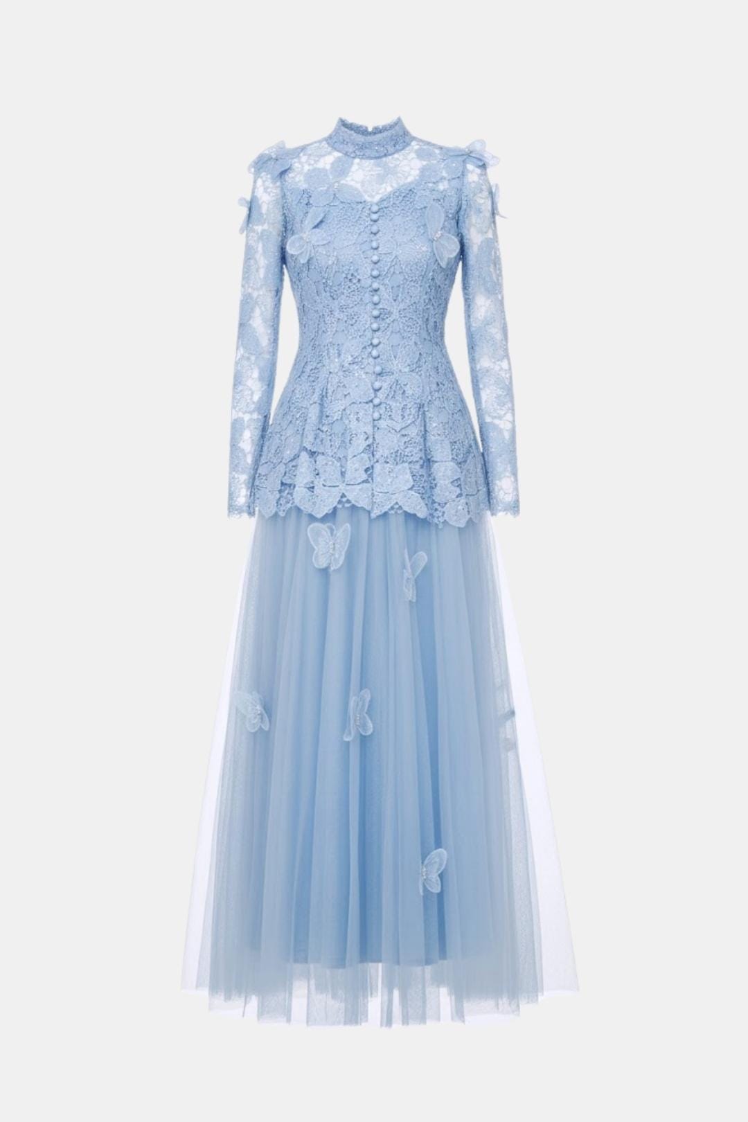 Kylee – Butterfly-Embroidered Lace Maxi Dress with Sheer Sleeves