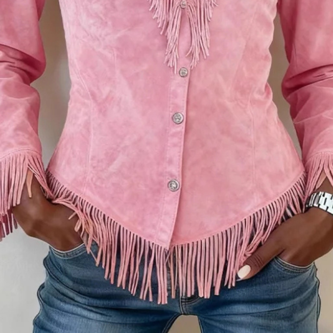 Solène - Blusa abbottonata in pelle scamosciata con frange