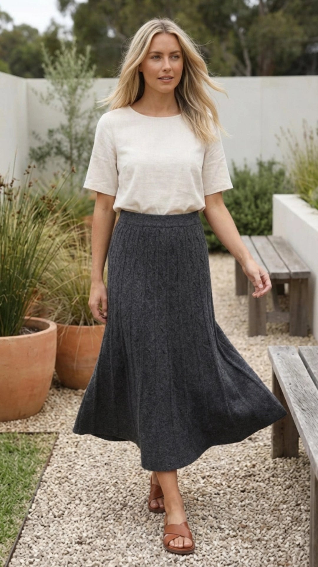 Women's Midi Knit Skirt A Line Elastic Waist