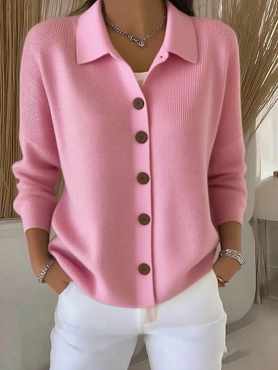Maribel | Button-Up Pink Knit Cardigan with Collared Detail