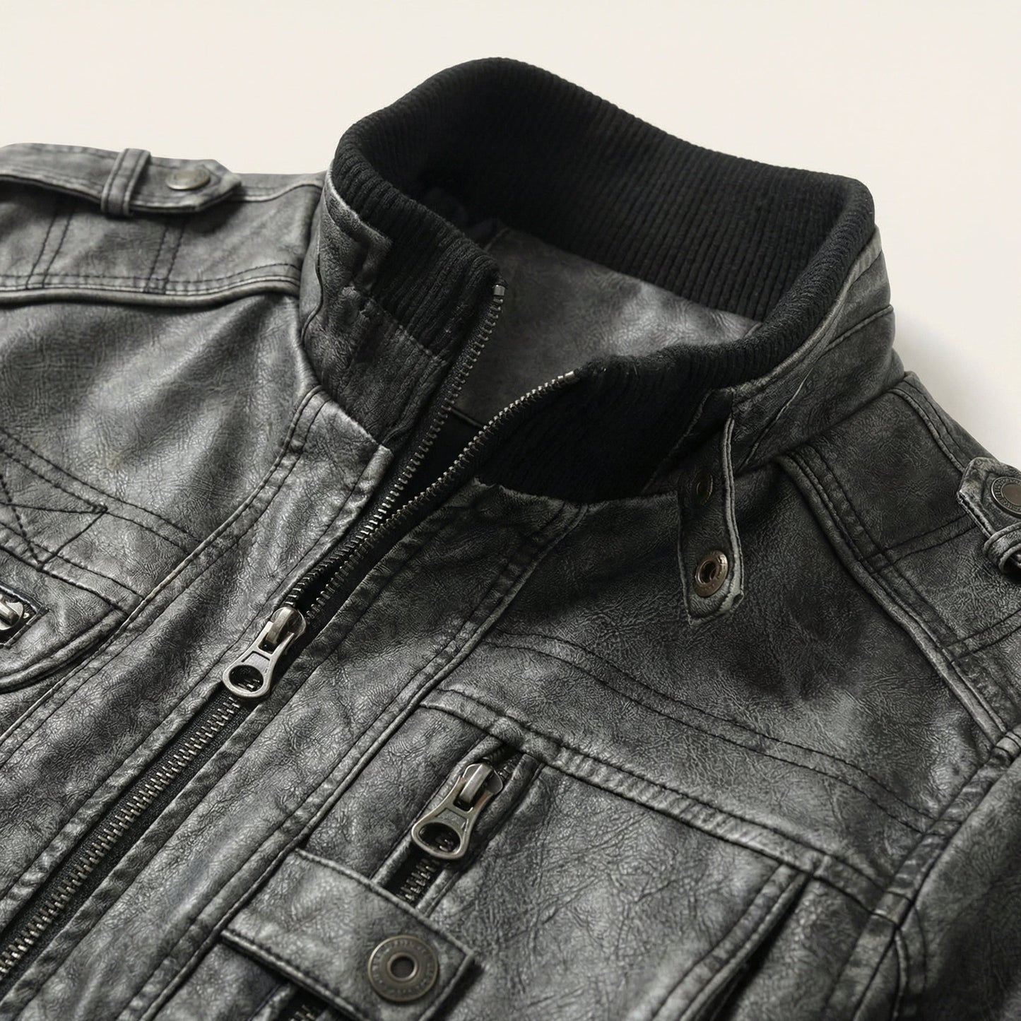 Men’s Biker Jacket – Zip Front, Stand Collar, Multi-Pocket Design