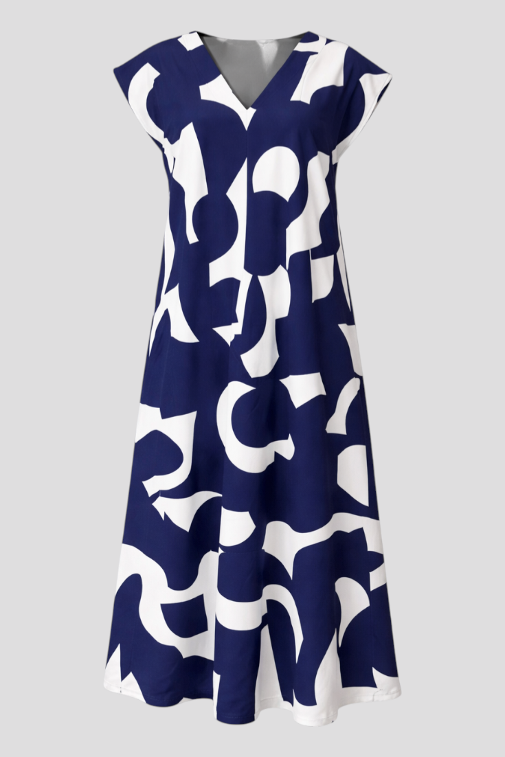 Abito Donna Maxy con Stampa Astratta - Blu navy - abito estivo abito lungo abito maxy materiale leggero moda femminile scollatura a V stampa astratta stile artistico taglie disponibili vestibilità comoda - Concept Palermo