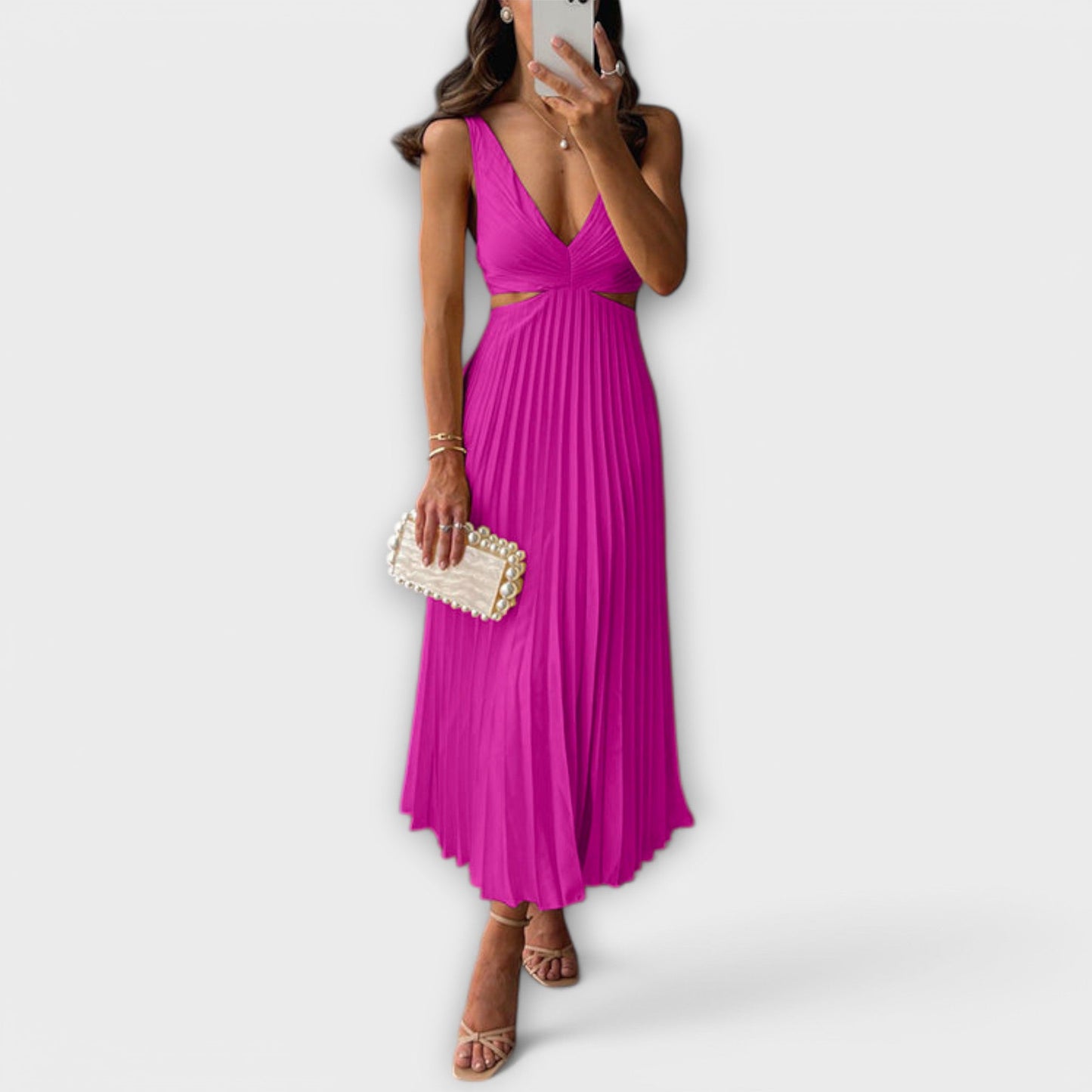 Nora | Women's Day Dress With Pleated Skirt And Sleeveless V-Neck Design | Casual
